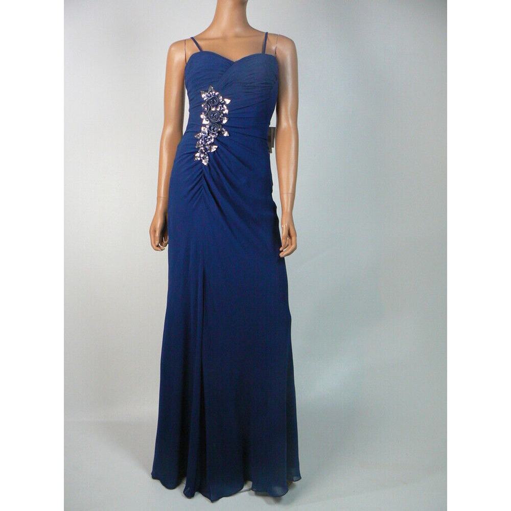 $398 Faviana Couture 6714 Blue Ruched Chiffon Sequin Prom Gown 0 NWT